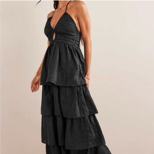 Boden Charcoal Linen Tiered Maxi Dress